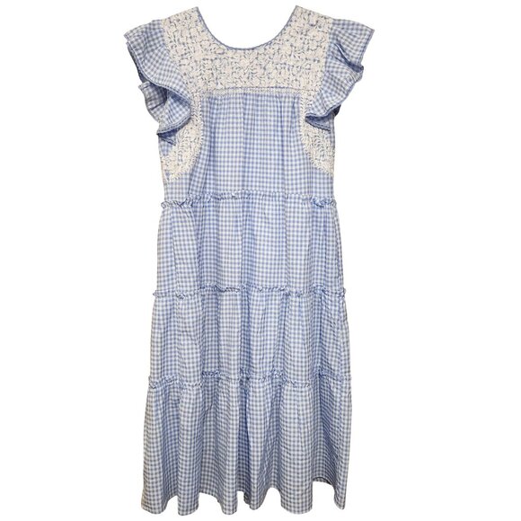 J Marie Blue Gingham Cotton Floral Embroidered Dress Size S - Picture 2 of 10